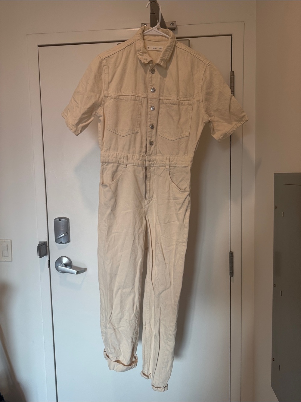 Mango Cream Short-Sleeve Button-Front Utility Jumpsuit